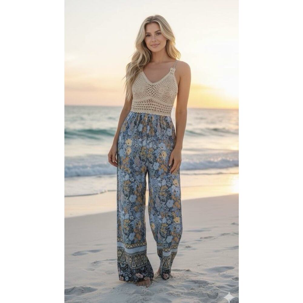 Band of Gypsies‎ | Crochet Top Wide Leg Maxi Jumpsuit | Cream and Blue Sz S
